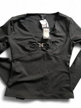 GUESS Black Long Sleeve V-Neck Top with Gold Logo Accent